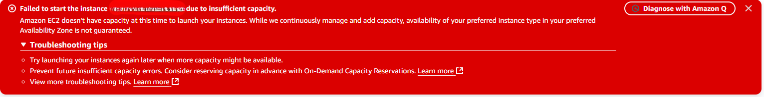 Failed to start the instance i-XXXX due to insufficient capacity.